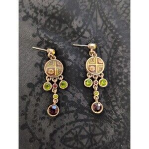 Vintage Scandinavian Earring Gold tone Enamel  Chandelier Stud Stones Pilgrim